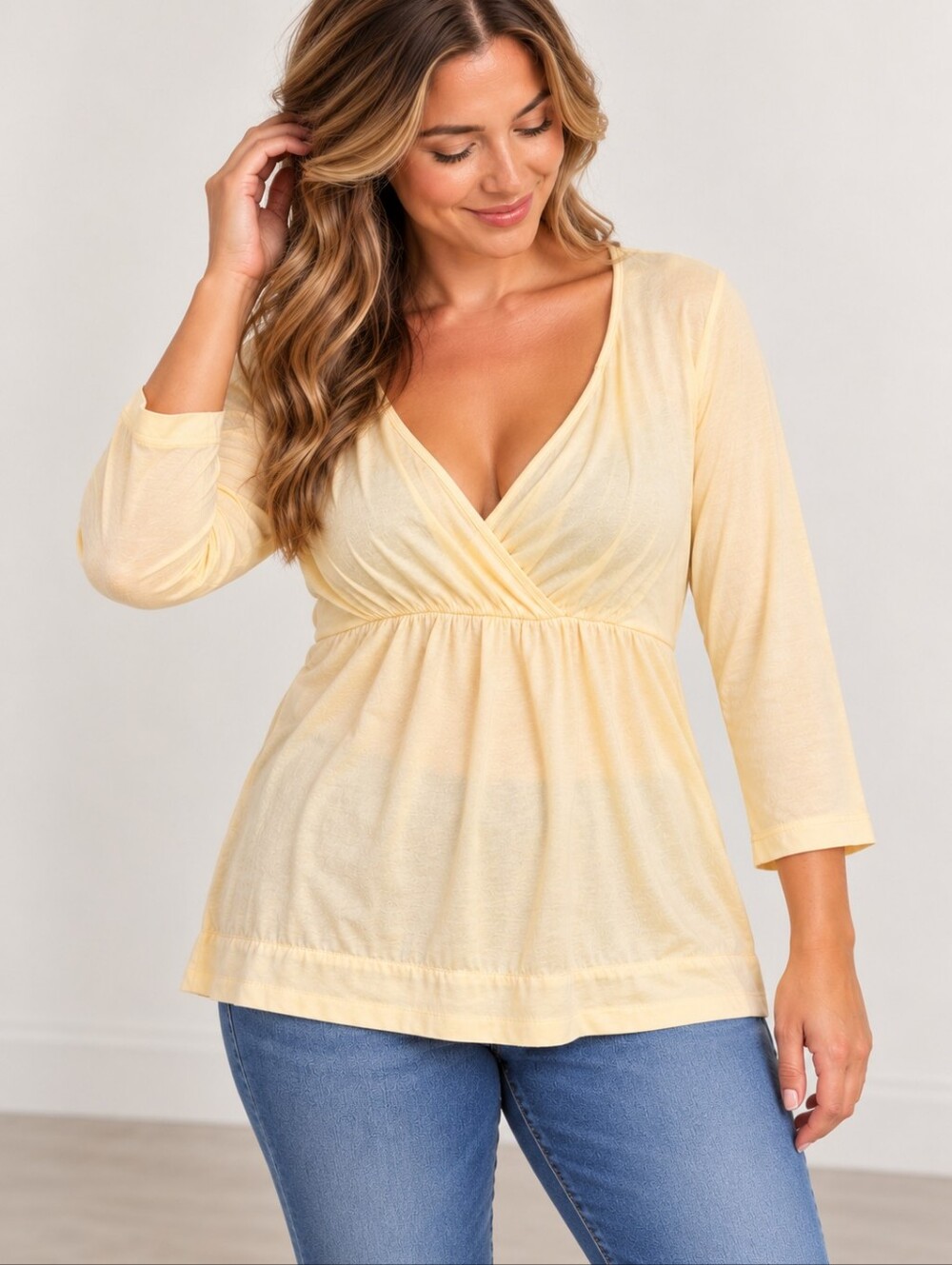 New York & Company Faux Wrap Empire Waist V Neck Top Large Pastel Yellow